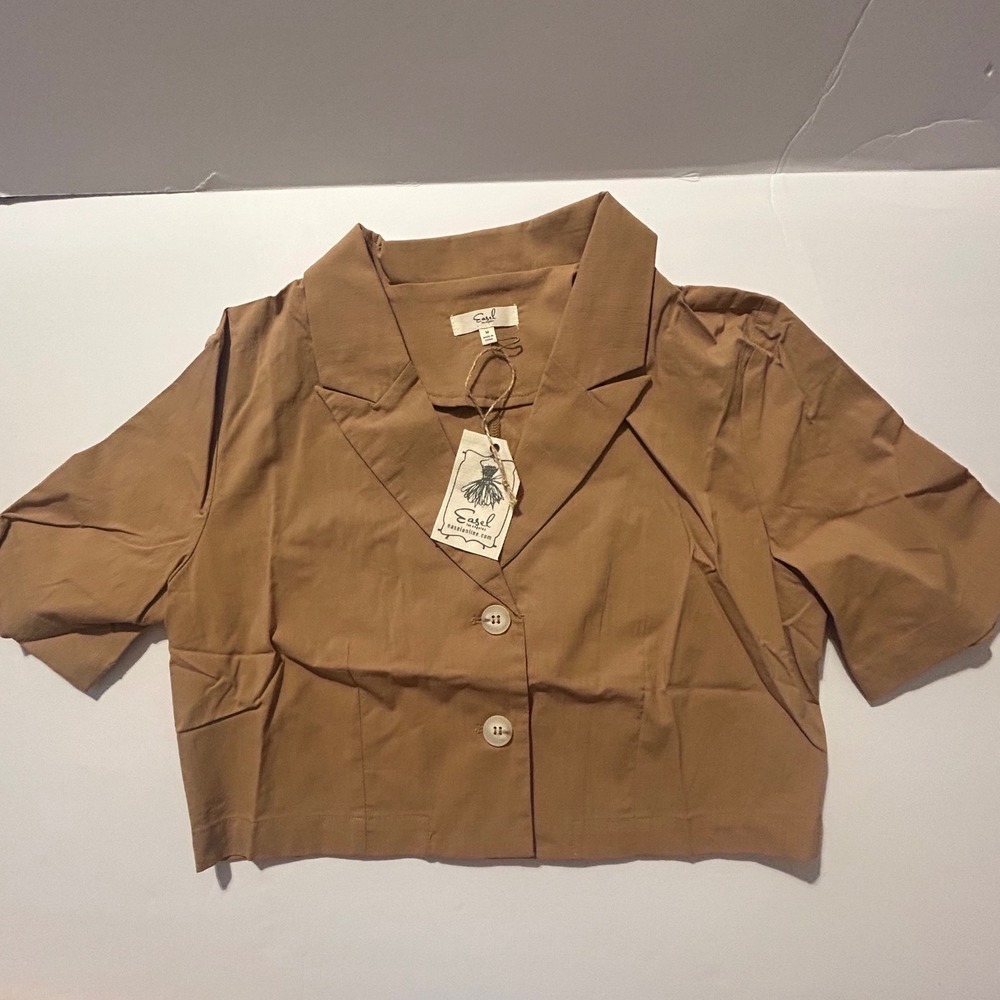 Easel Los Angeles Women Camel Brown Short Sleeve Cropped Blazer Top Size Large